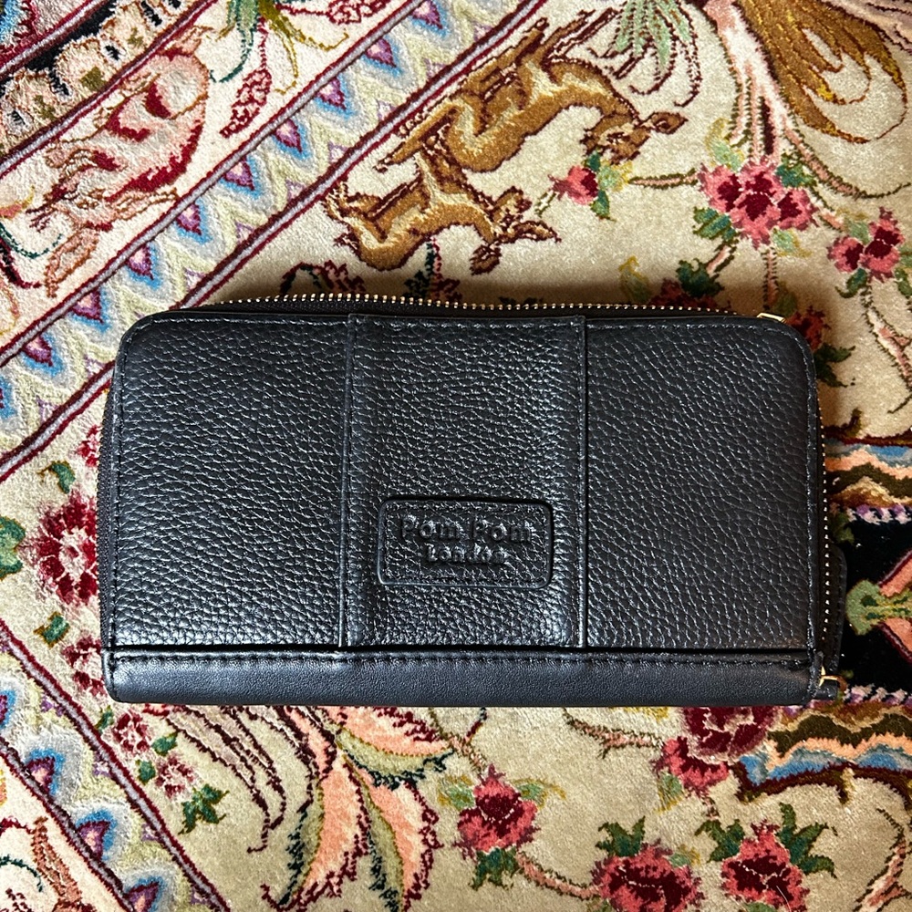 Pom Pom London Black Pebbled Leather Wallet with Gold Hardware